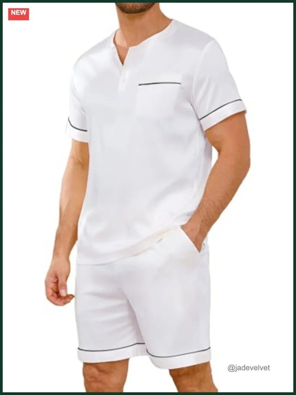 Mens Satin Pajama Set Short Sleeve Button Up Henley Neck Sleepwear with Pocket